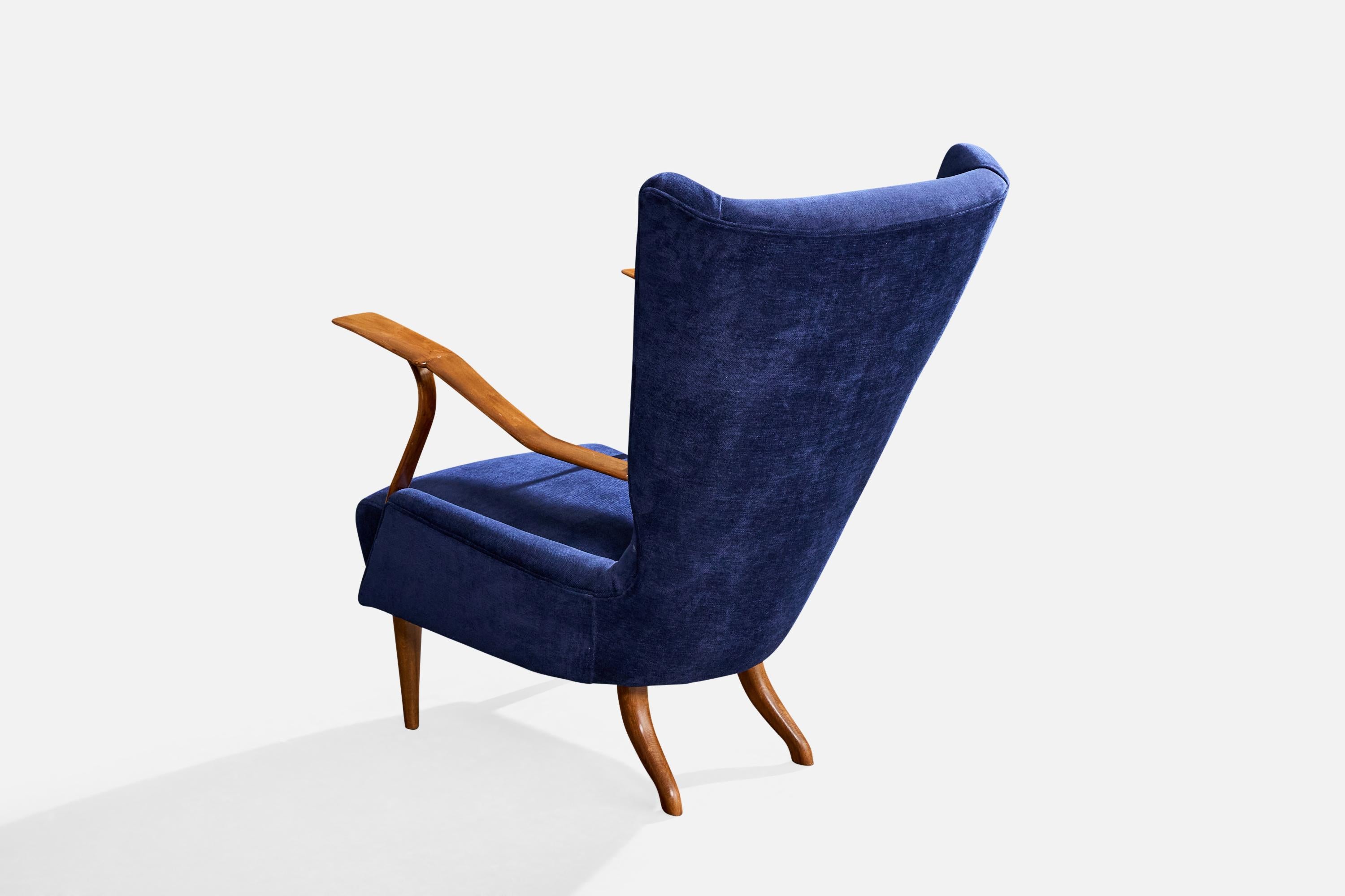 Italienische Designerin, Loungesessel, Holz, Stoff, Italien, 1950er Jahre im Angebot 1