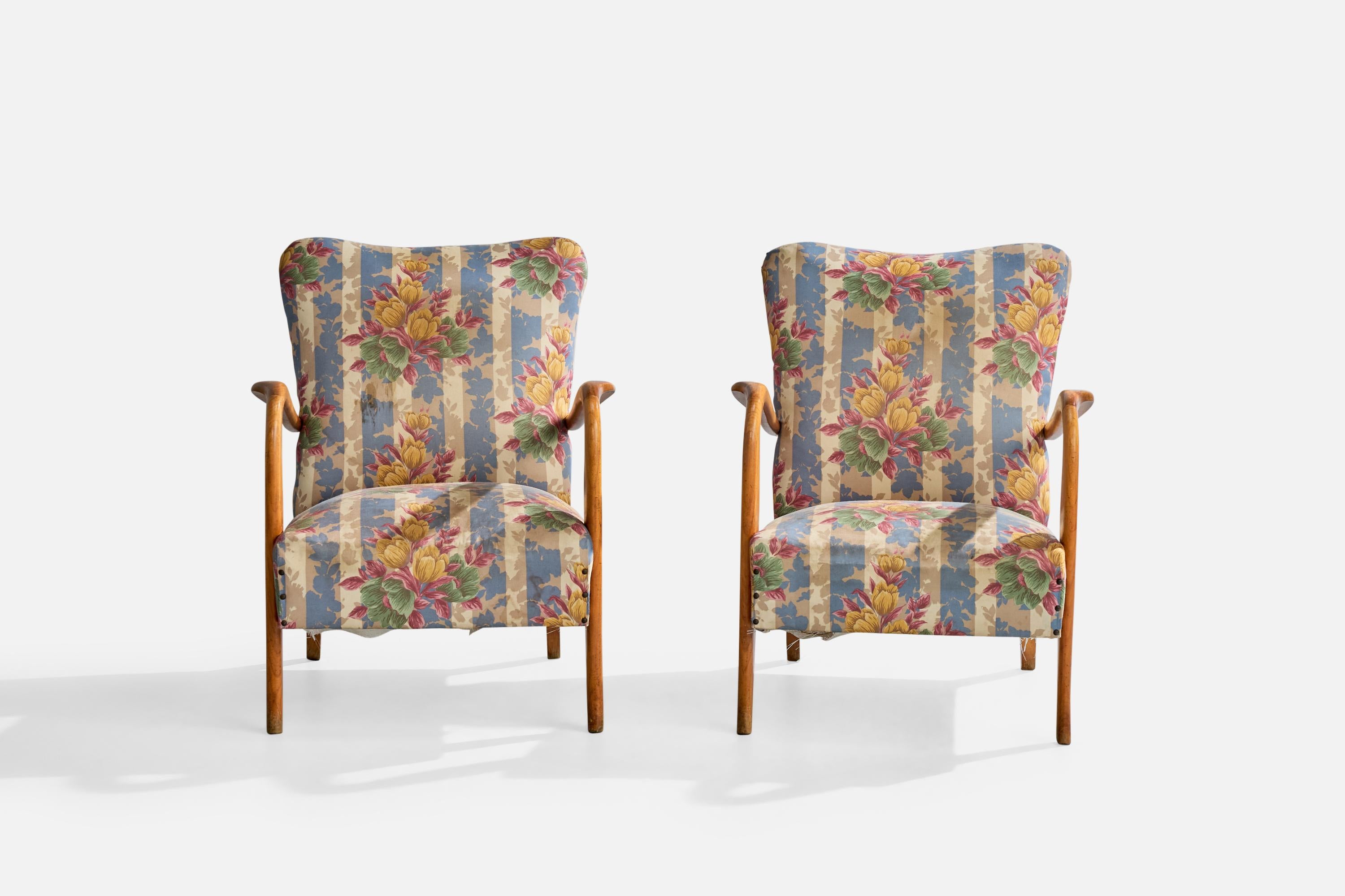 Italienische Designerin, Loungesessel, Holz, Stoff, Italien, 1950er Jahre im Angebot 2