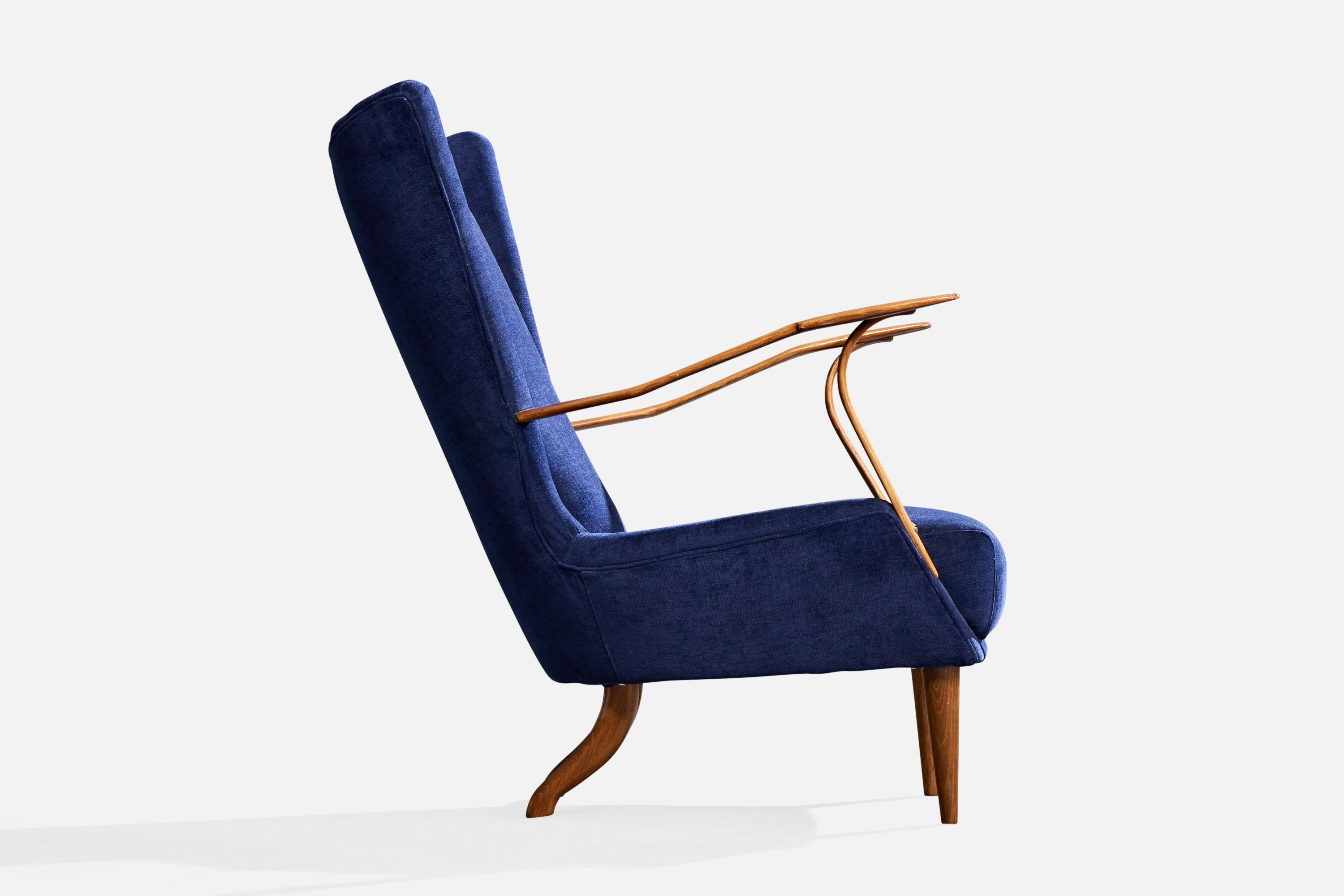 Italienische Designerin, Loungesessel, Holz, Stoff, Italien, 1950er Jahre im Angebot 2