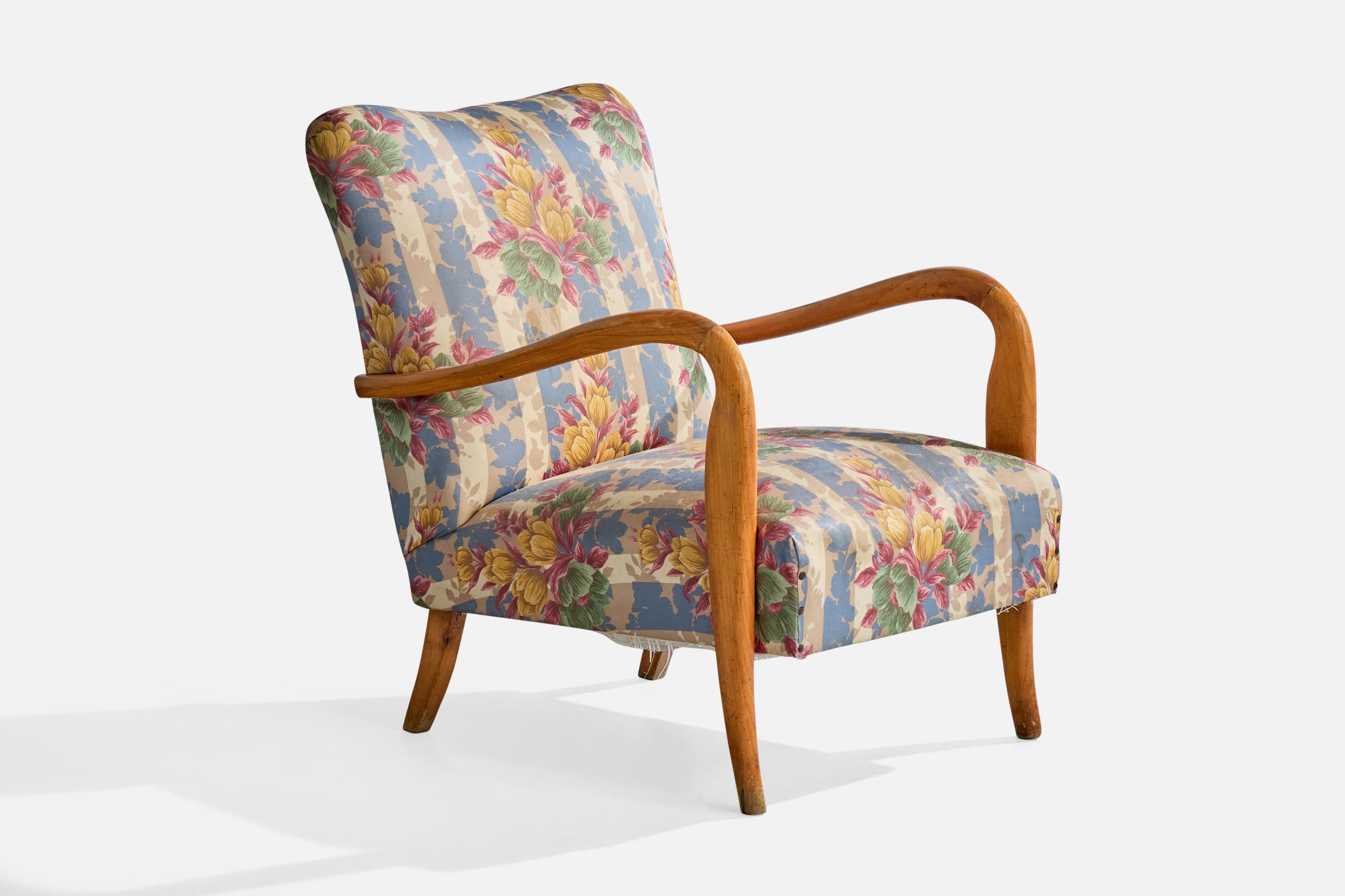 Italienische Designerin, Loungesessel, Holz, Stoff, Italien, 1950er Jahre im Angebot 3