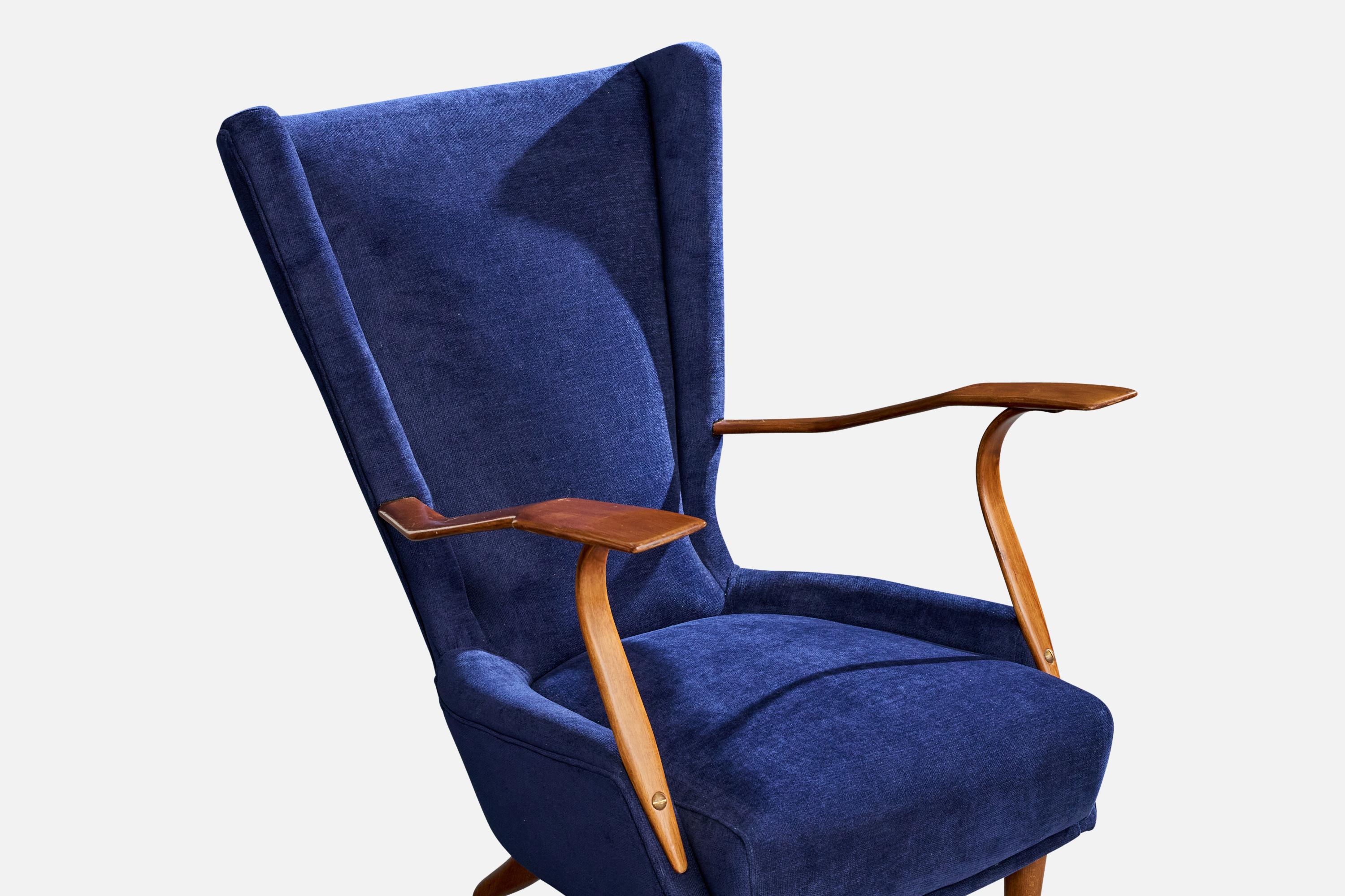 Italienische Designerin, Loungesessel, Holz, Stoff, Italien, 1950er Jahre im Angebot 3