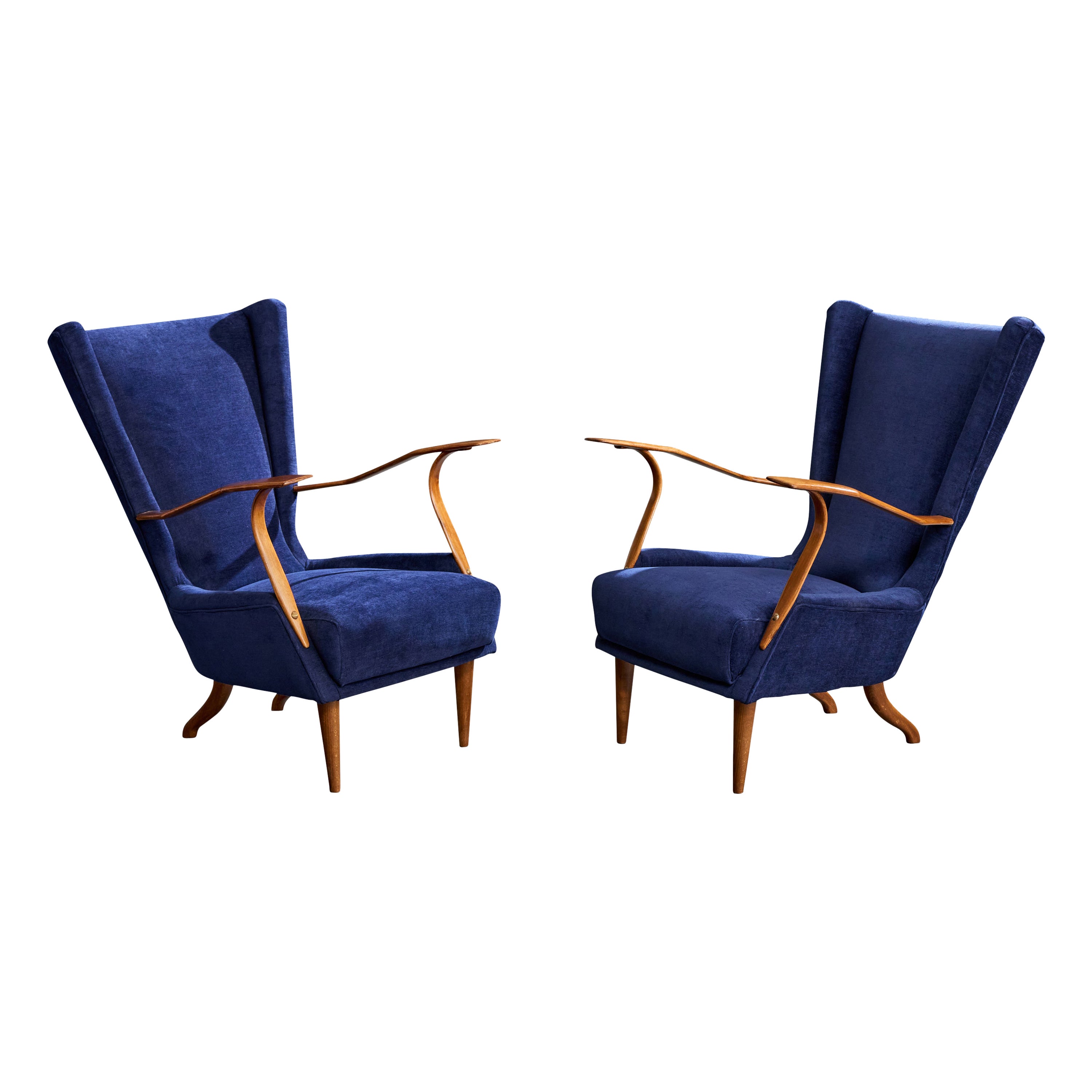 Italian Designer, Lounge Chairs, Wood, Fabric, Italy, 1950s