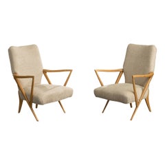 Italian Designer, Lounge Chairs, Wood, Fabric, Italy, 1950s