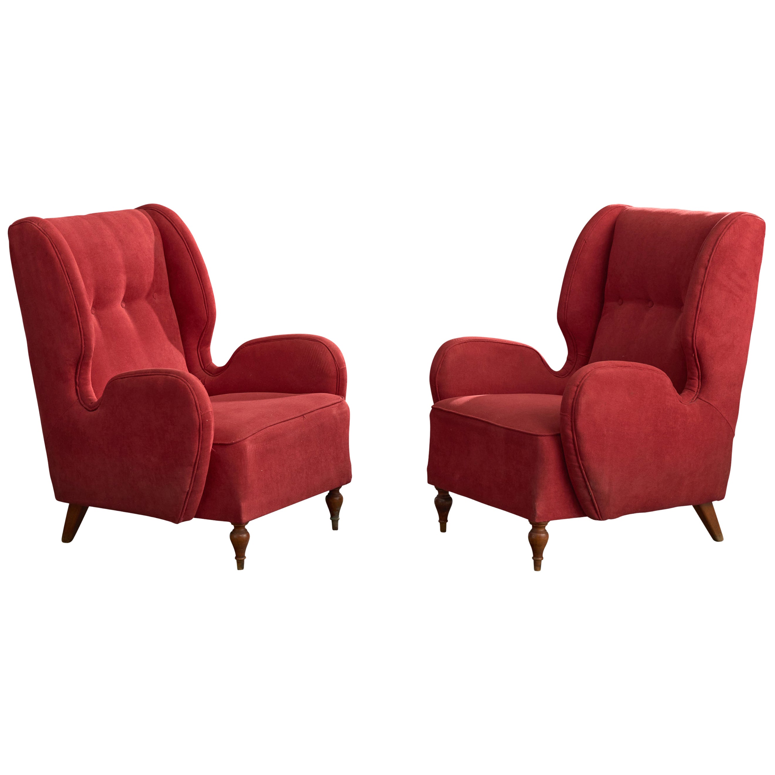 Italian Designer, Lounge Chairs, Wood, Fabric, Italy, 1950s