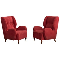 Italian Designer, Lounge Chairs, Wood, Fabric, Italy, 1950s