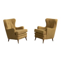 Italian Designer, Lounge Chairs, Wood, Fabric, Italy, 1950s