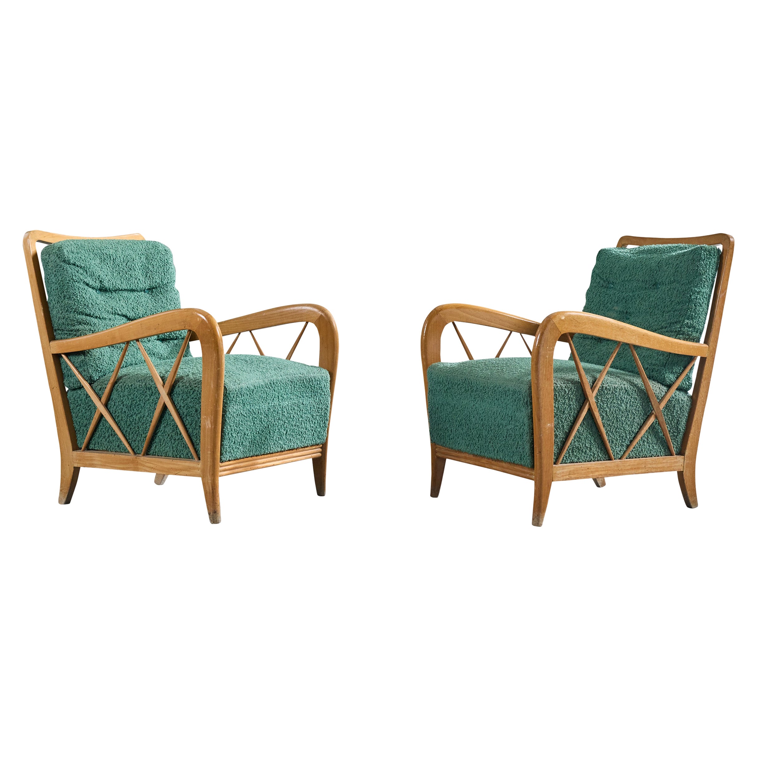 Italian Designer, Lounge Chairs, Wood, Fabric, Italy, 1950s