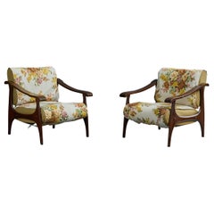Italian Designer, Lounge Chairs, Wood, Fabric, Italy, 1950s