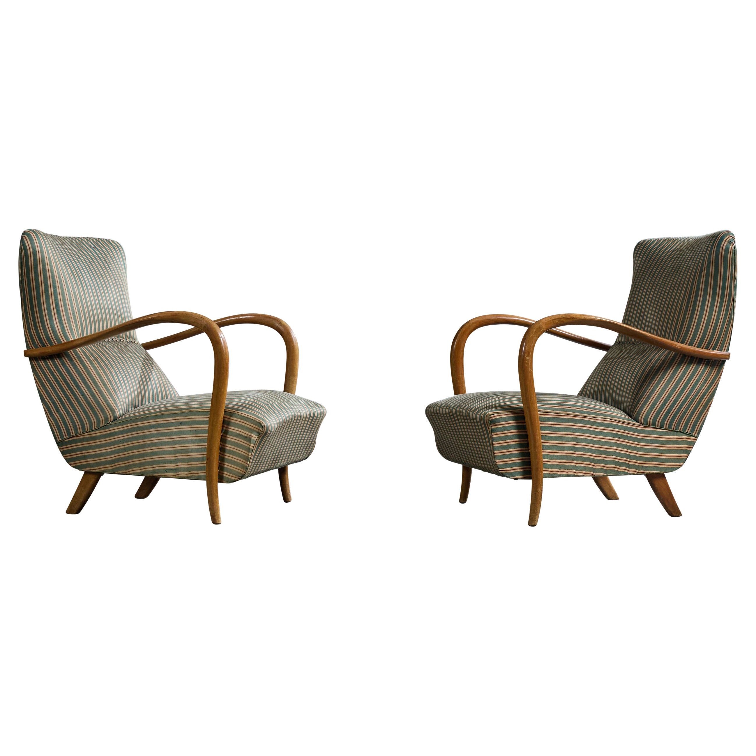 Italian Designer, Lounge Chairs, Wood, Fabric, Italy, 1950s