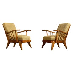 Italian Designer, Lounge Chairs, Wood, Fabric, Italy, 1950s