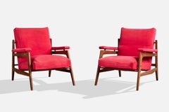 Italian Designer, Lounge Chairs, Wood, Fabric, Italy, 1960s