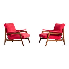 Italian Designer, Lounge Chairs, Wood, Fabric, Italy, 1960s