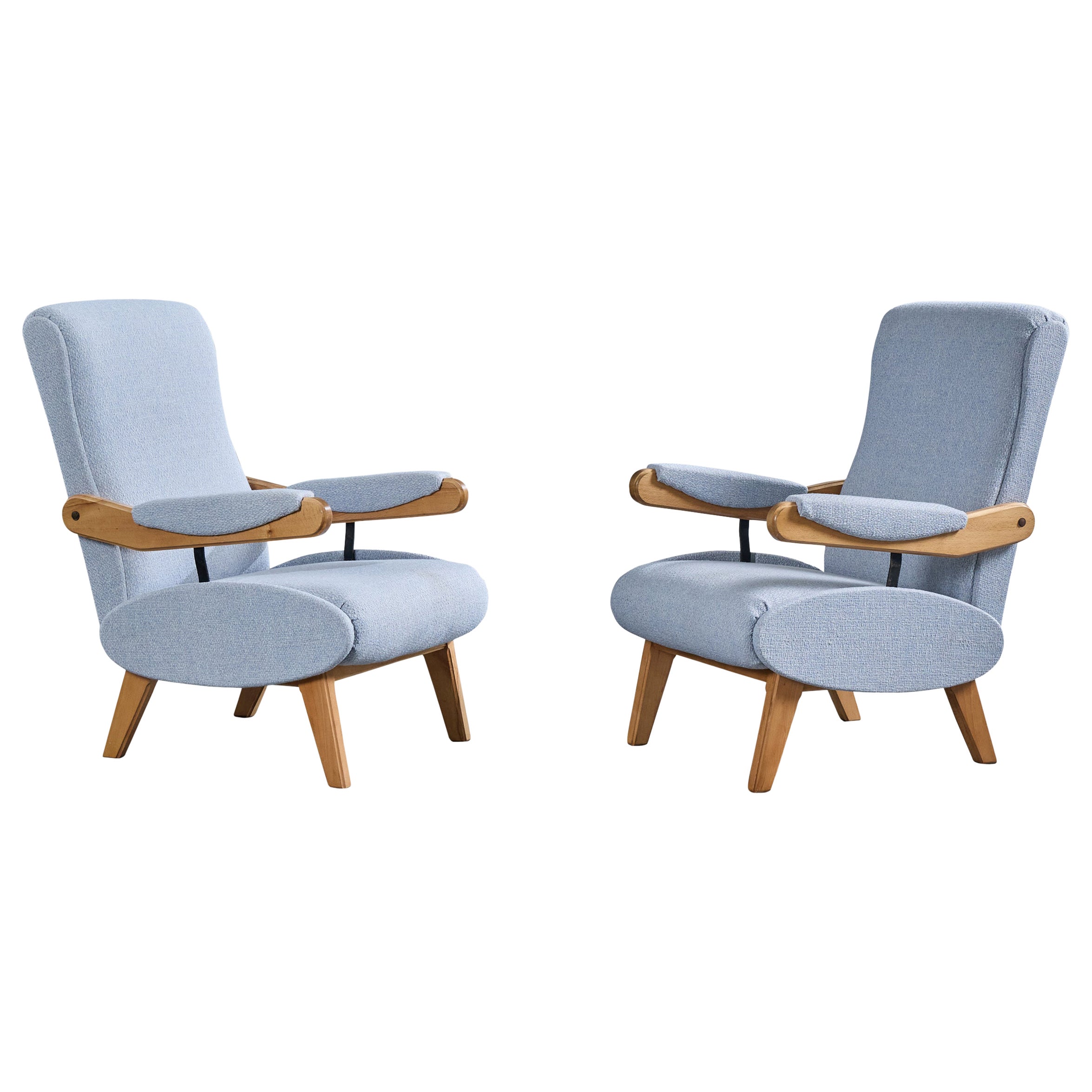 Italian Designer, Lounge Chairs, Wood, Fabric, Metal, Italy, 1960s