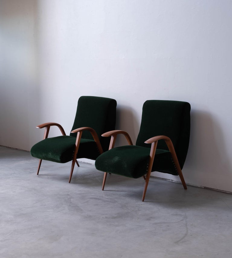 Organic Modern Italian Designer, Lounge Chairs, Wood, Green Velvet, Italy, 1940s For Sale