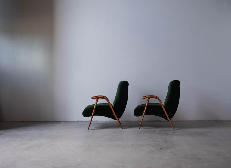 Mid-20th Century Italian Designer, Lounge Chairs, Wood, Green Velvet, Italy, 1940s For Sale