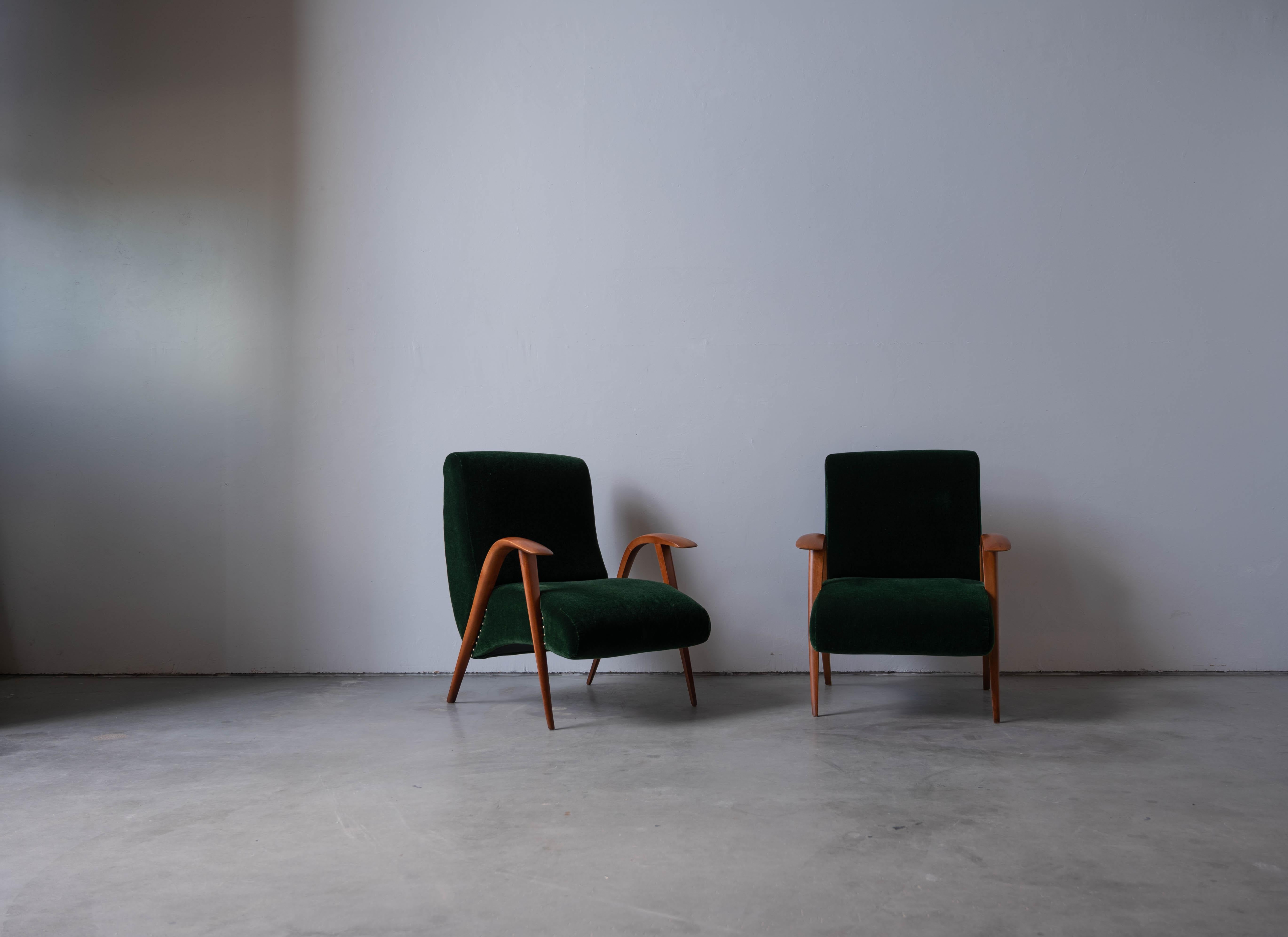 Organic Modern Italian Designer, Lounge Chairs, Wood, Green Velvet, Italy, 1940s