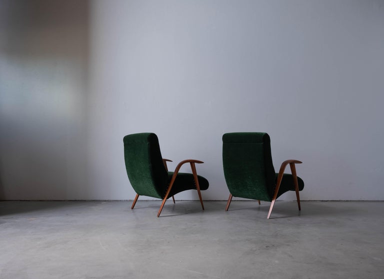 Italian Designer, Lounge Chairs, Wood, Green Velvet, Italy, 1940s For Sale 1
