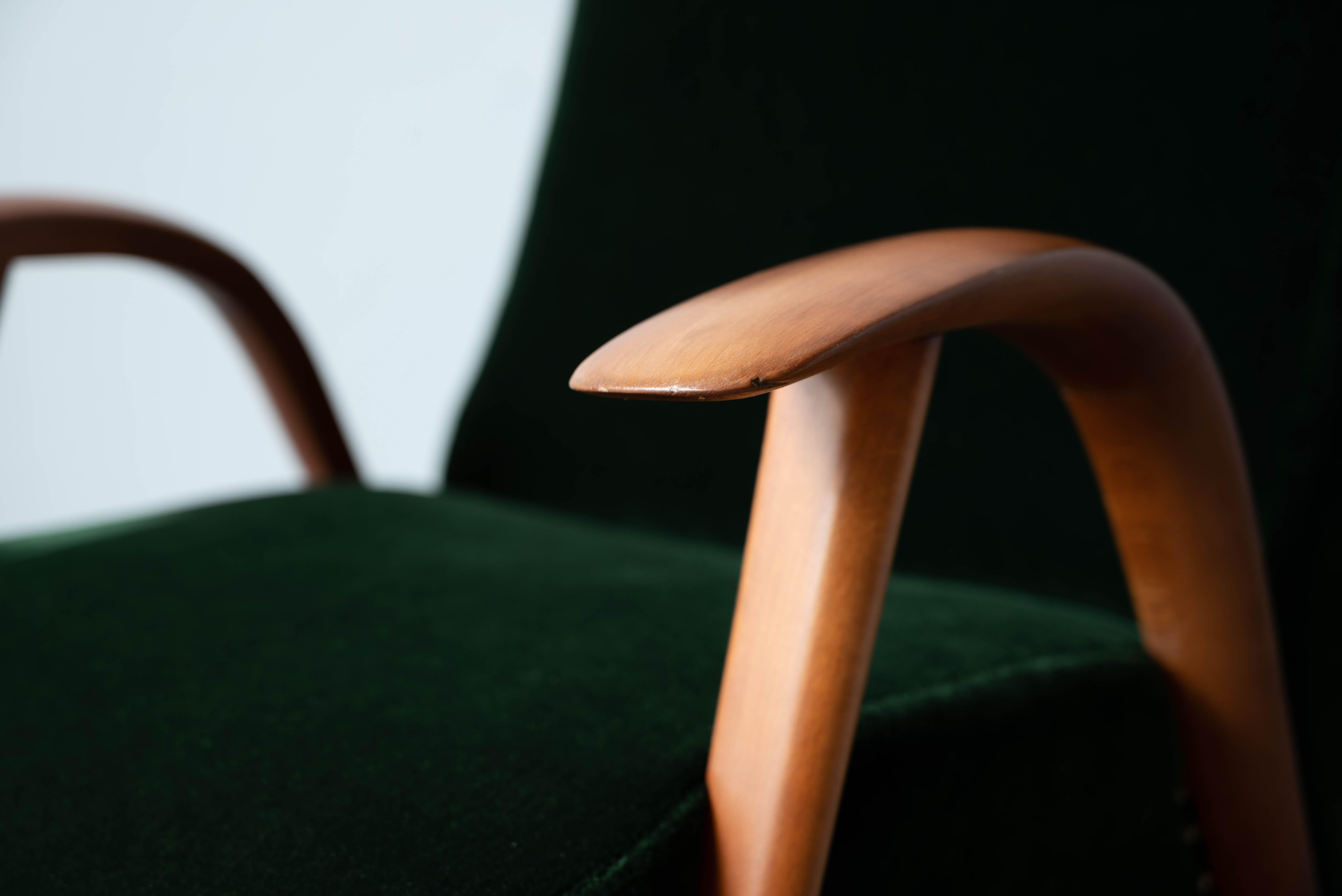 Fabric Italian Designer, Lounge Chairs, Wood, Green Velvet, Italy, 1940s