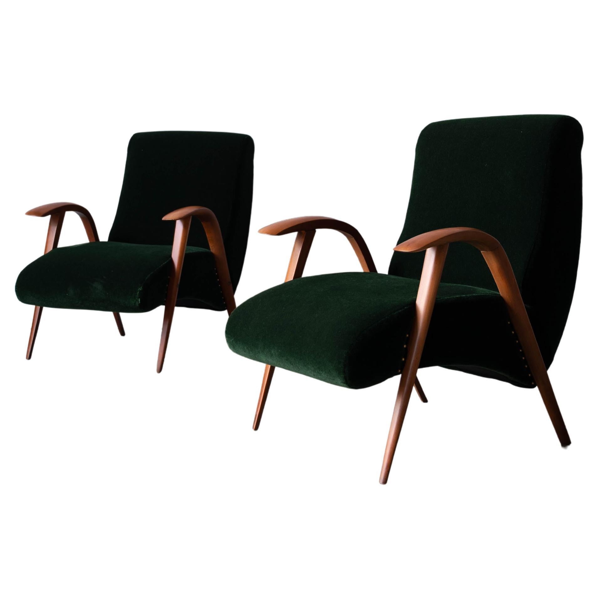 Italian Designer, Lounge Chairs, Wood, Green Velvet, Italy, 1940s