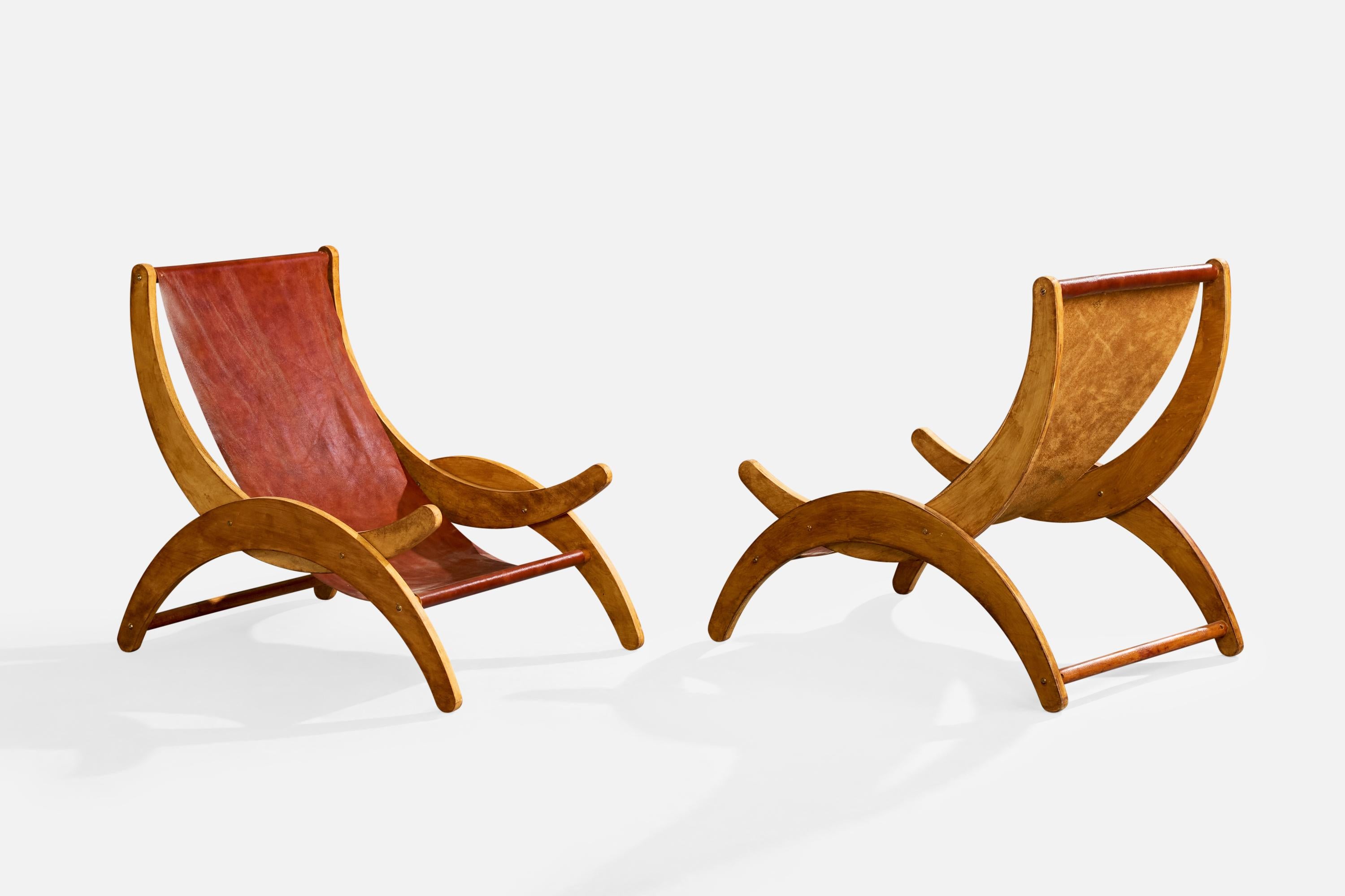 Mid-Century Modern Designer italien, chaises longues, Wood, cuir, Italie, années 1950 en vente