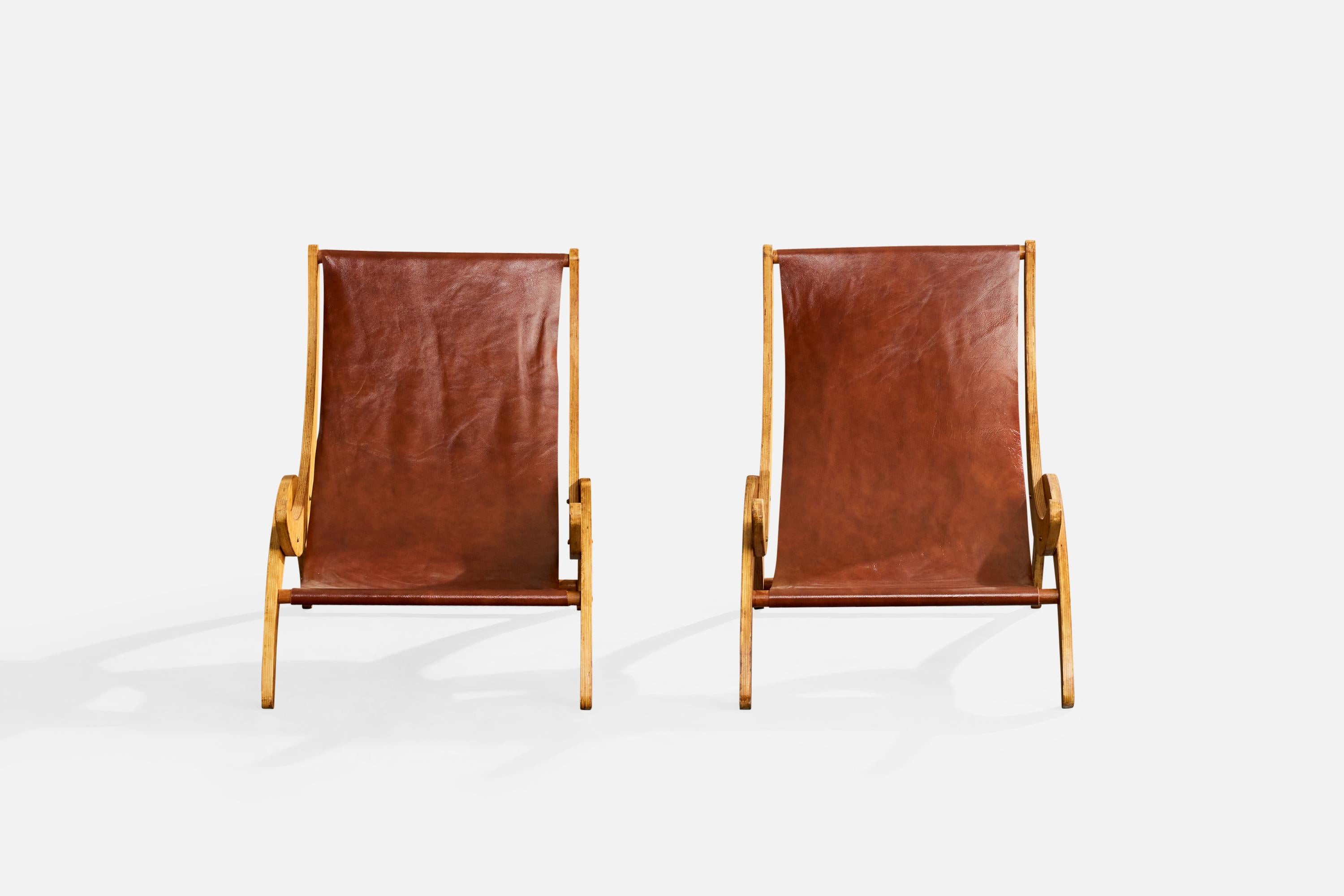 Designer italien, chaises longues, Wood, cuir, Italie, années 1950 État moyen - En vente à High Point, NC