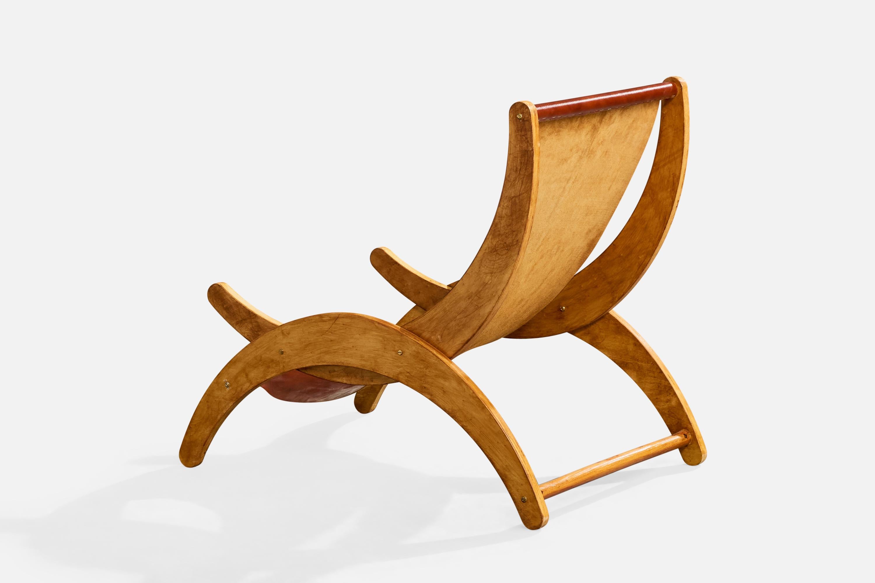 Cuir Designer italien, chaises longues, Wood, cuir, Italie, années 1950 en vente