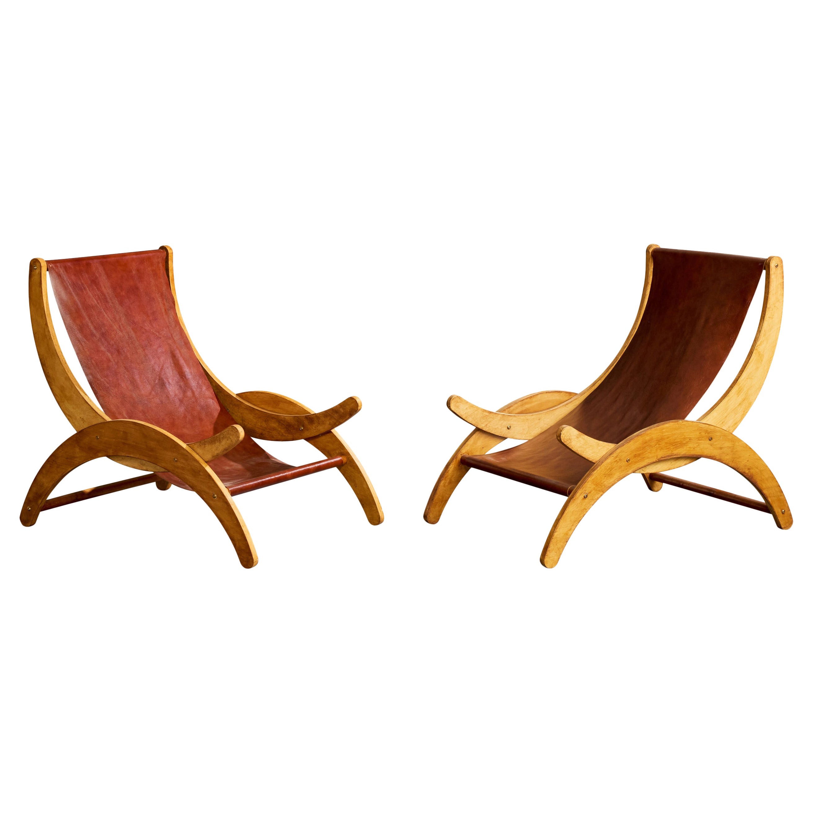 Italian Designer, Lounge Chairs, Wood, Leather, Italy, 1950s