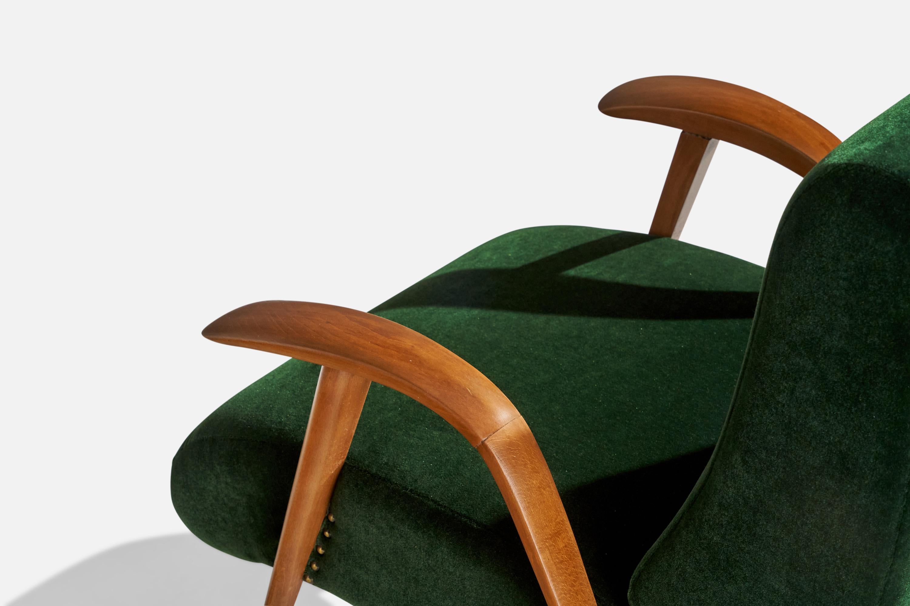Italian Designer, Lounge Chairs, Wood, Velvet, Italy, 1940s For Sale 5