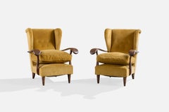 Italian Designer, Lounge Chairs, Wood, Velvet, Italy, 1940s