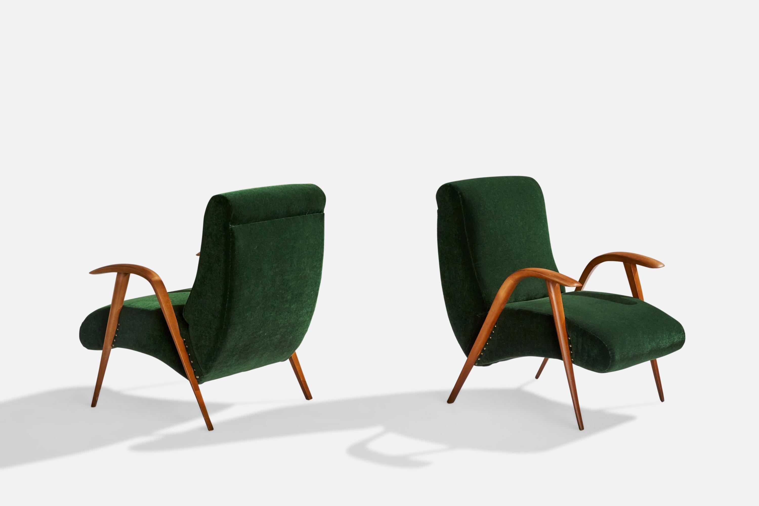 Modern Italian Designer, Lounge Chairs, Wood, Velvet, Italy, 1940s For Sale