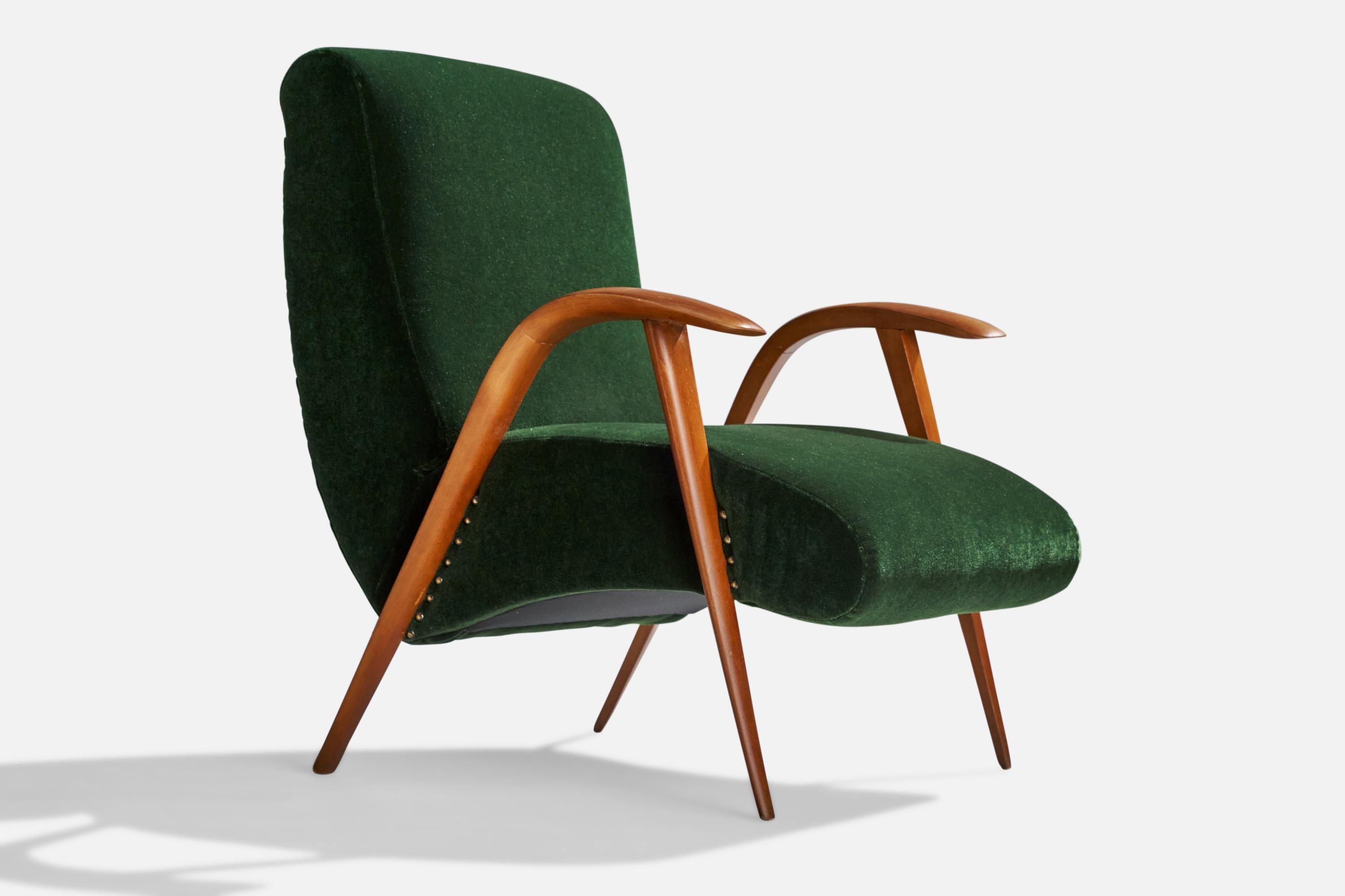 Italian Designer, Lounge Chairs, Wood, Velvet, Italy, 1940s For Sale 1
