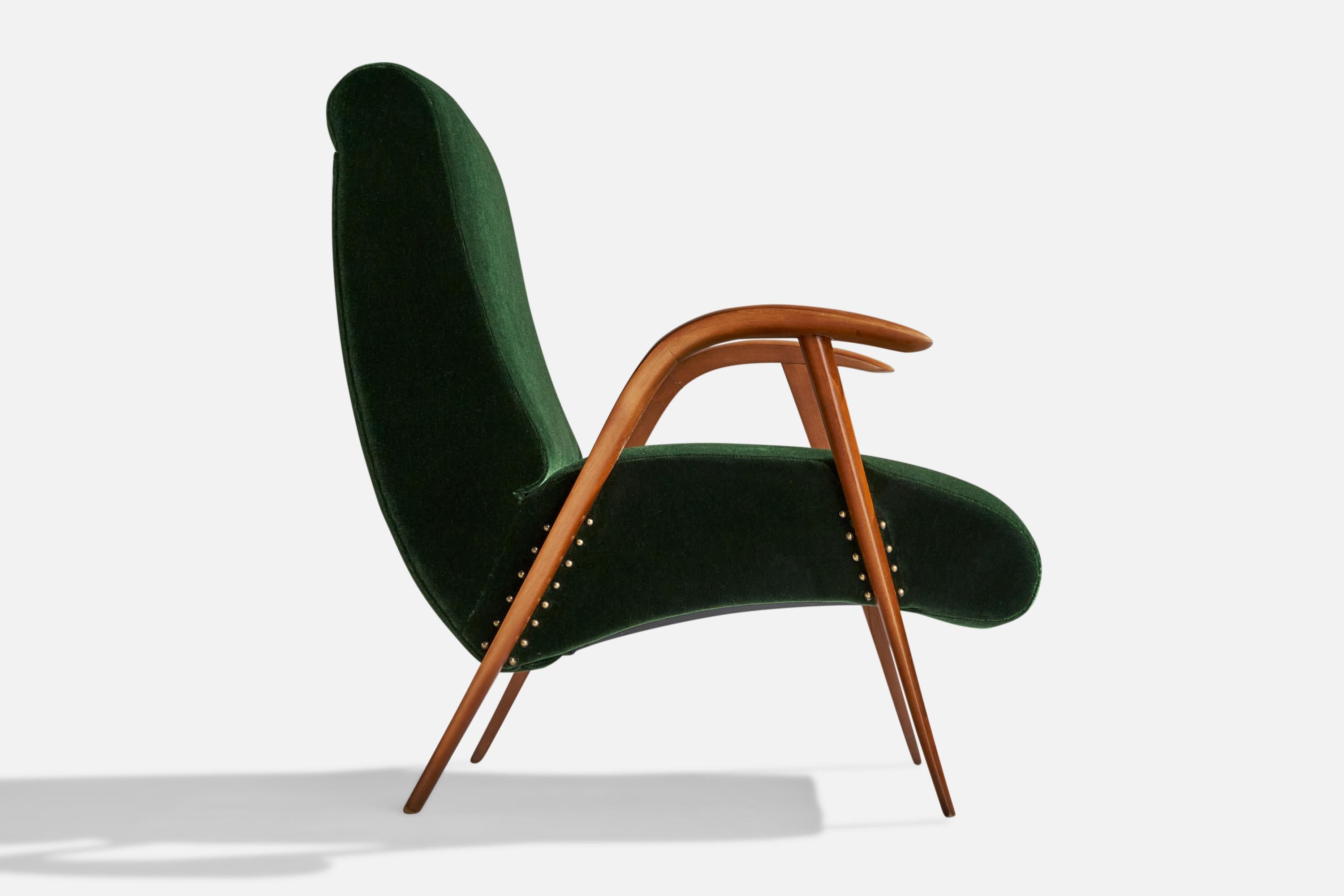 Italian Designer, Lounge Chairs, Wood, Velvet, Italy, 1940s For Sale 2