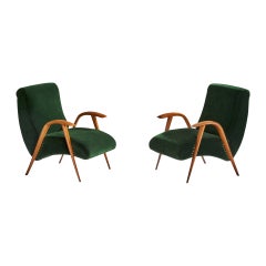 Italian Designer, Lounge Chairs, Wood, Velvet, Italy, 1940s
