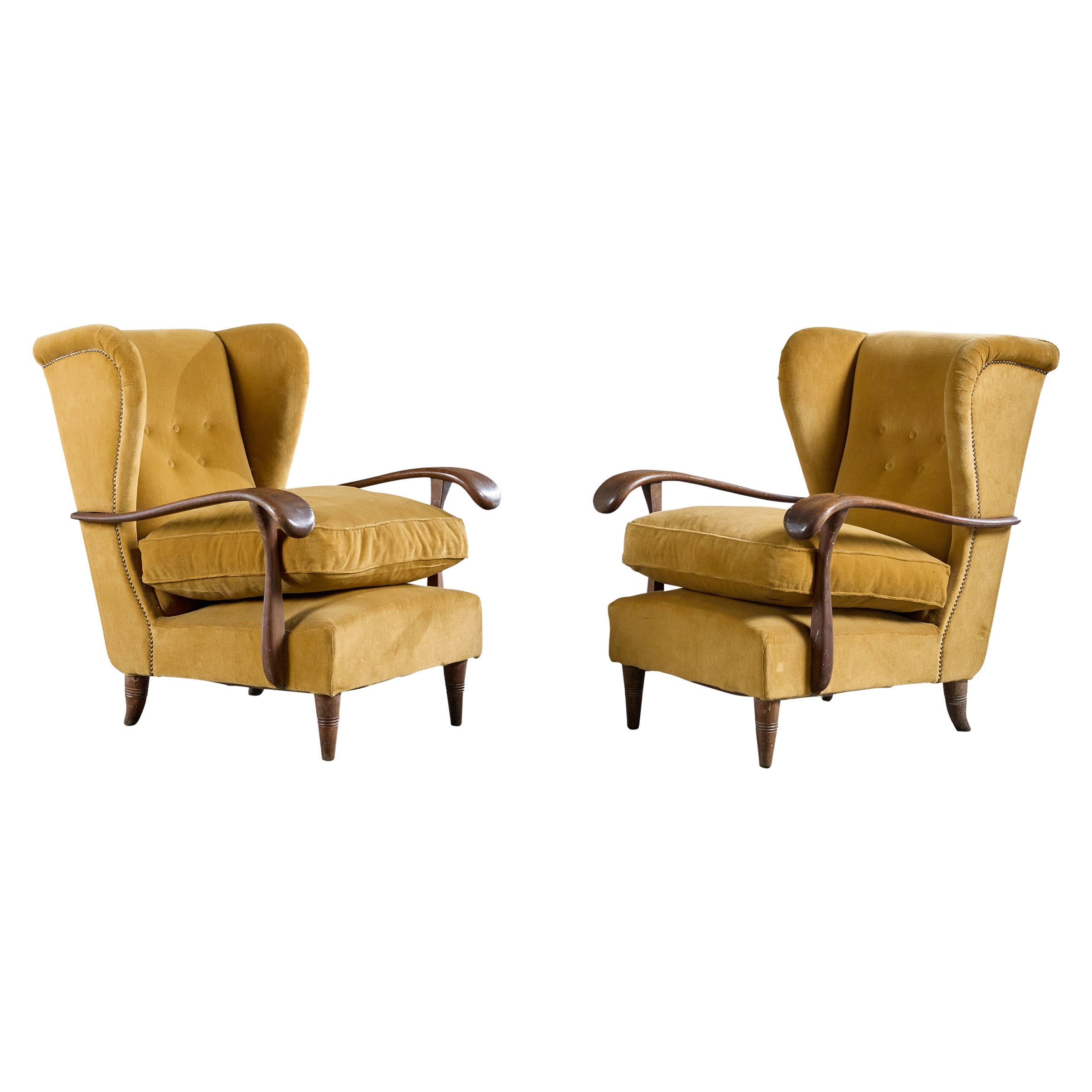 Italian Designer, Lounge Chairs, Wood, Velvet, Italy, 1940s