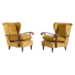Italian Designer, Lounge Chairs, Wood, Velvet, Italy, 1940s