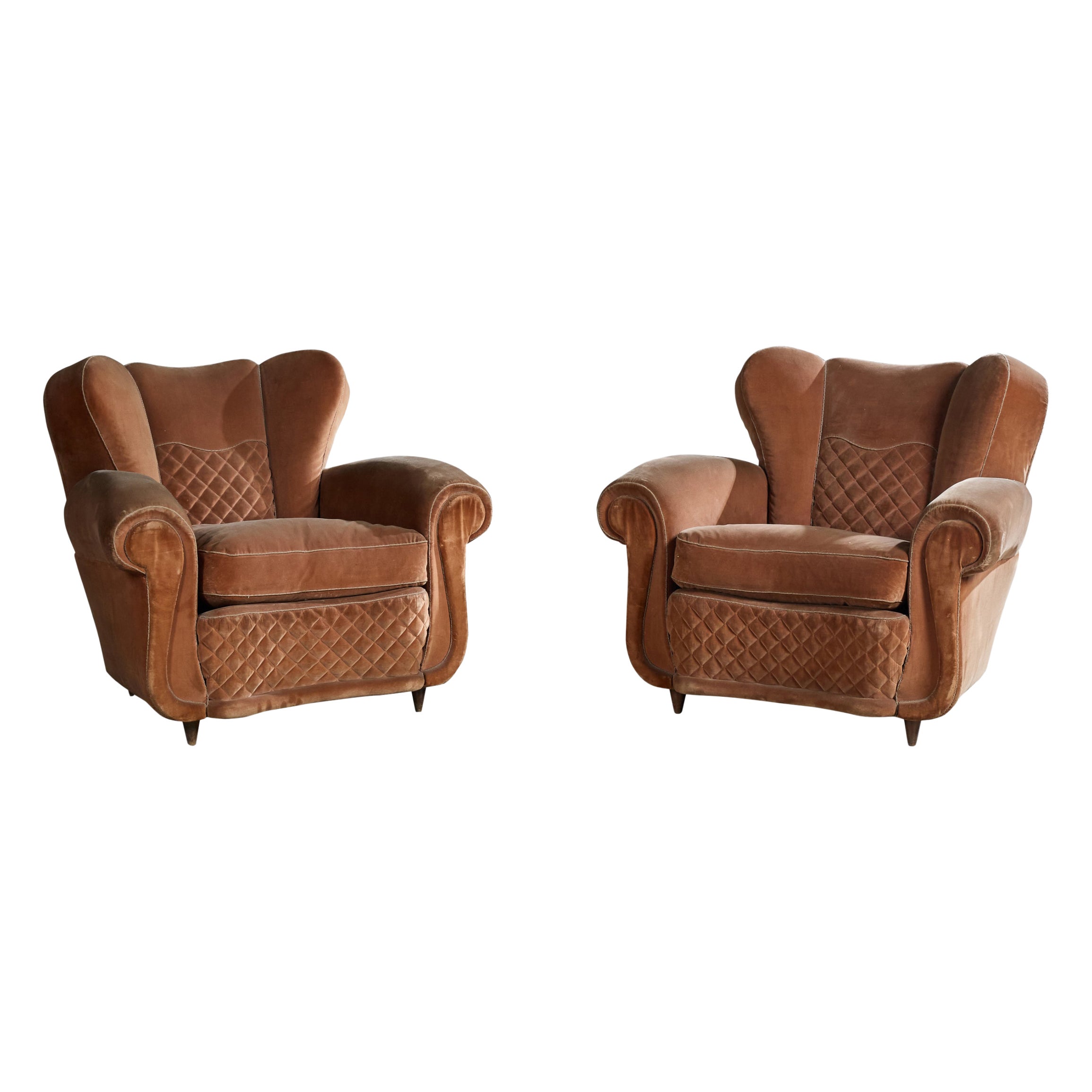 Italian Designer, Lounge Chairs, Wood, Velvet, Italy, 1940s