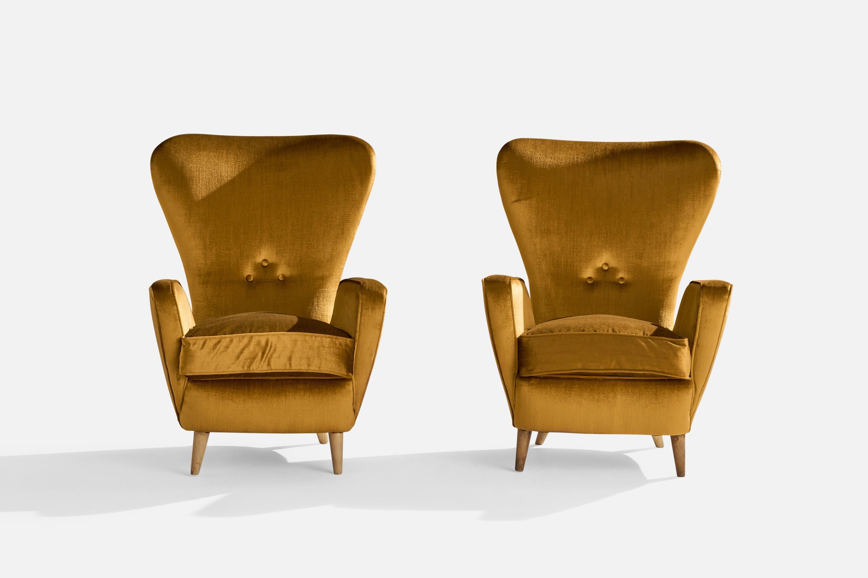 Mid-Century Modern Italian Designer, Lounge Chairs, Wood, Velvet, Italy, 1950s For Sale