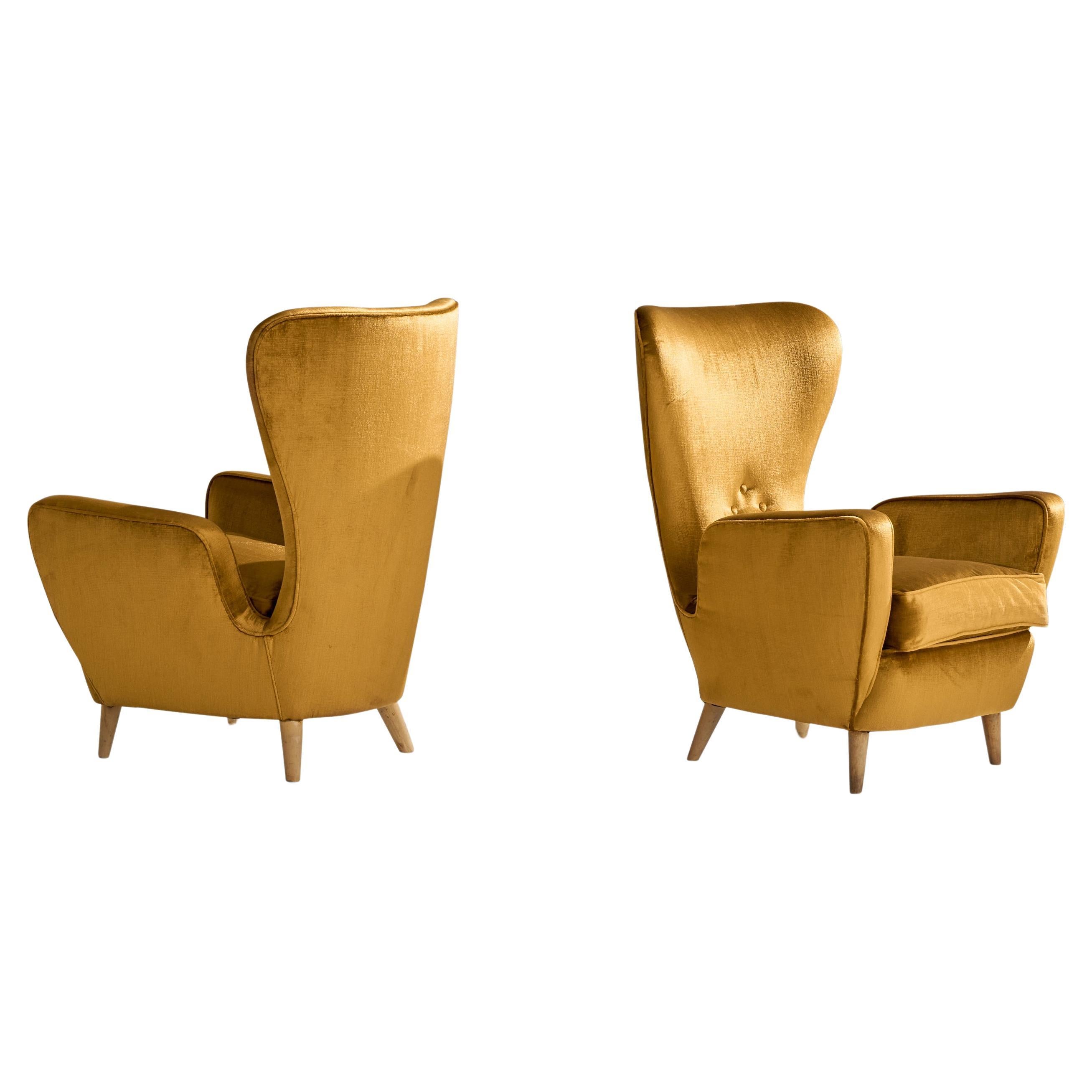 Italian Designer, Lounge Chairs, Wood, Velvet, Italy, 1950s