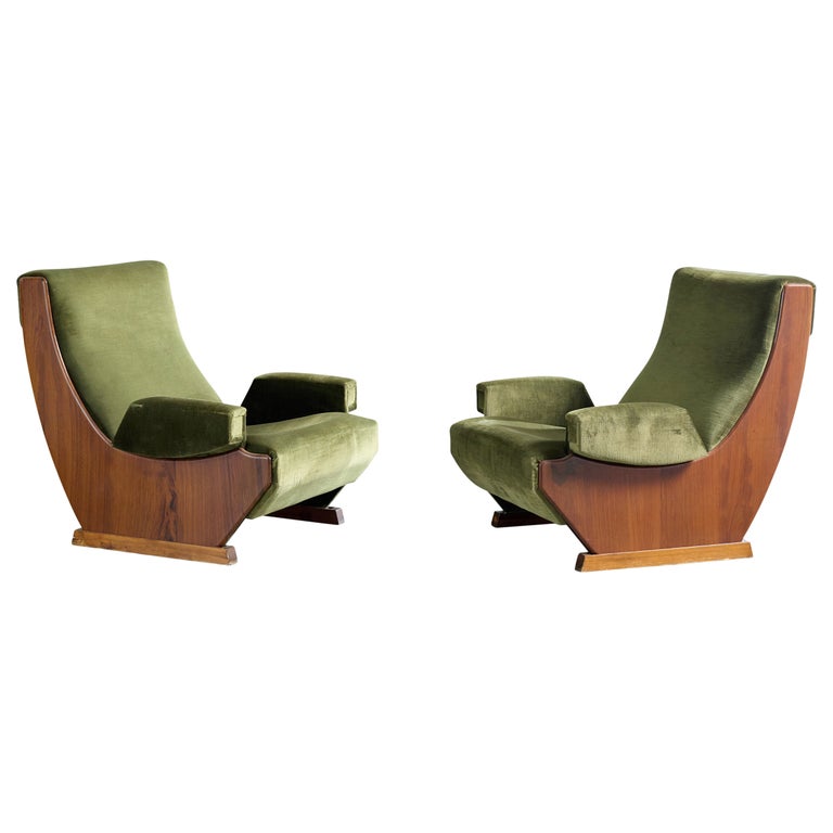 Italian Designer, Lounge Chairs, Wood, Velvet, Italy, 1960s