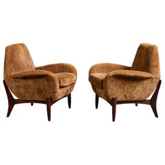 Italian Designer, Lounge Chairs, Wood, Velvet, Italy, 1960s