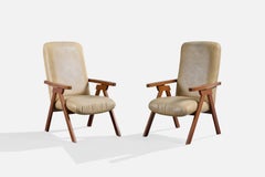 Italian Designer, Lounge Chairs, Wood, Vinyl, Italy, 1970s