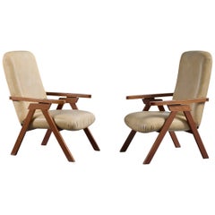 Italian Designer, Lounge Chairs, Wood, Vinyl, Italy, 1970s