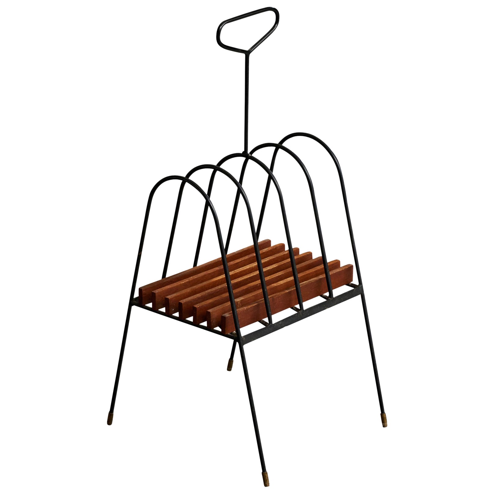 Italian Designer, Magazine Rack, Iron, Teak, Brass, Italy, 1950s