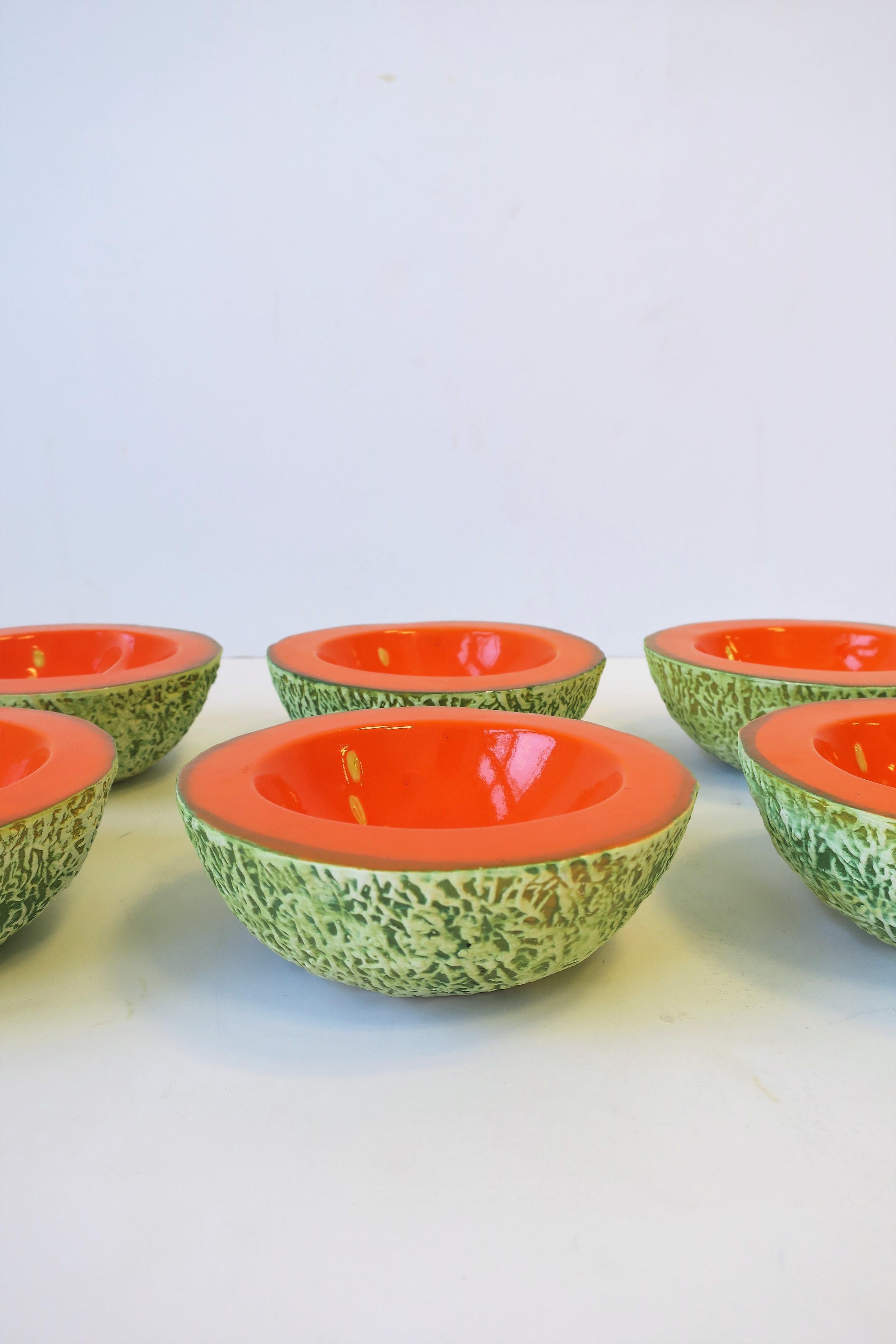 Organic Modern Italian Designer Matte Ceramic Pottery Orange Melon Fruit Sculpture Bowls, Set