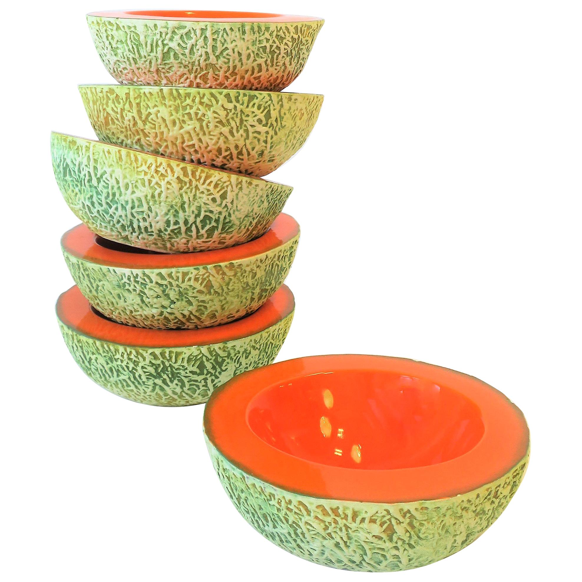 Italian Designer Matte Ceramic Pottery Orange Melon Fruit Sculpture Bowls, Set