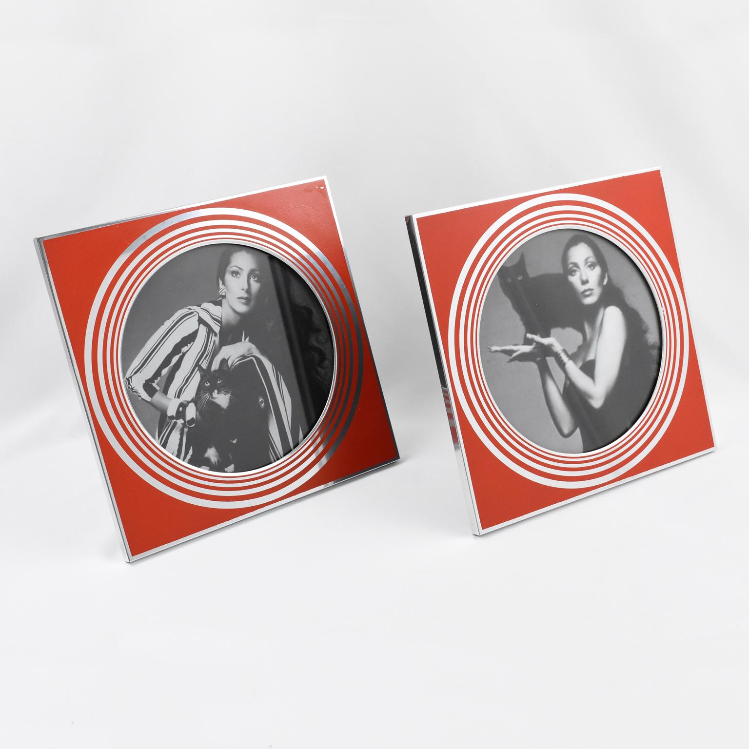 Mid-Century Modern Italian Designer MB Modernist Silver & Red Enamel Aluminum Picture Photo Frame