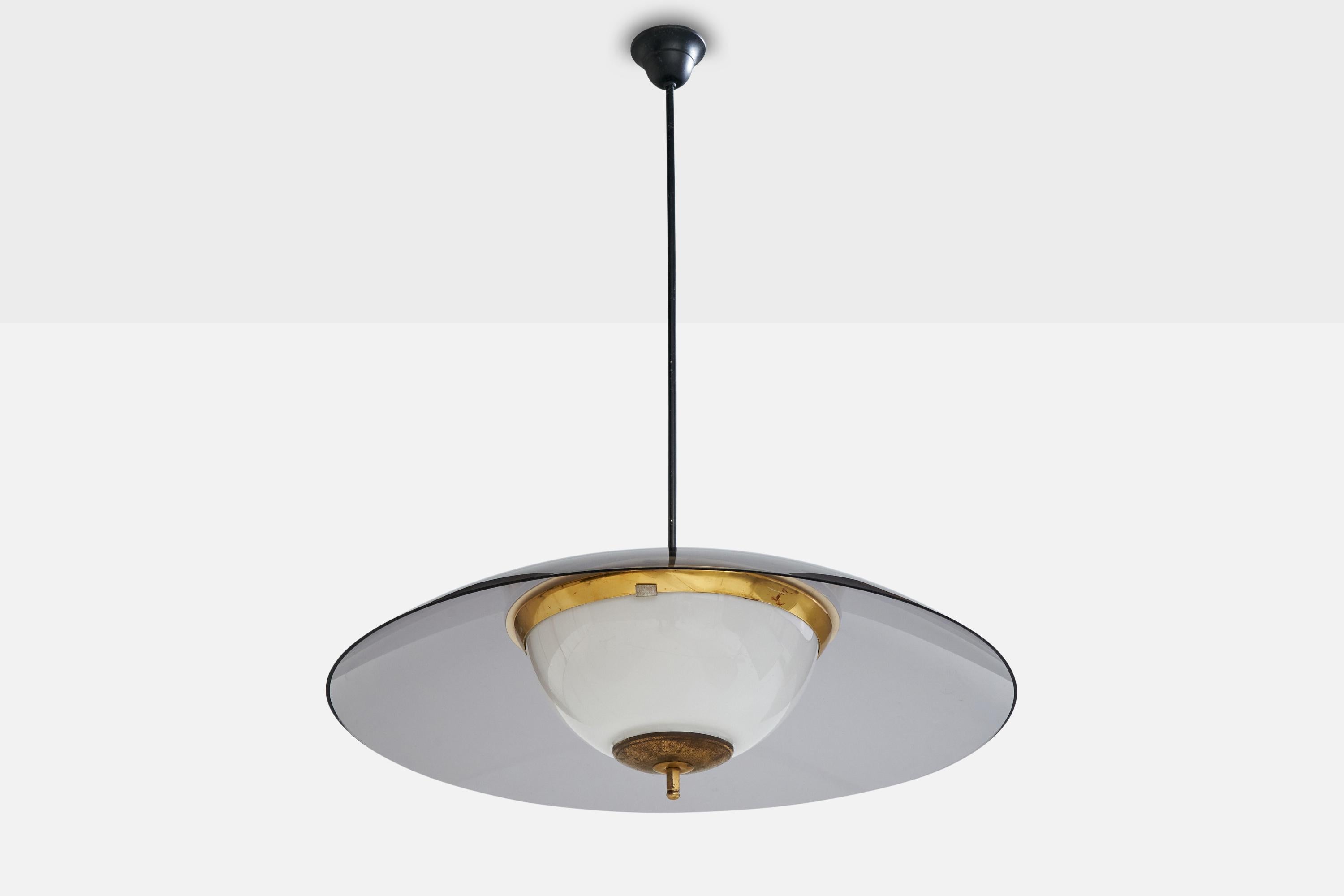 A black-lacquered metal, grey acrylic, brass and white opaline glass pendant light designed and produced in Italy, c. 1950s.

Overall Dimensions (inches): 34.5” H x 28” Diameter

Dimensions of Canopy: 2.25“ H x 3.5” Diameter

Stem length: 24.5”