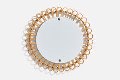 Specchio di design italiano, bambù, rattan, vetro a specchio, Italia, anni '50