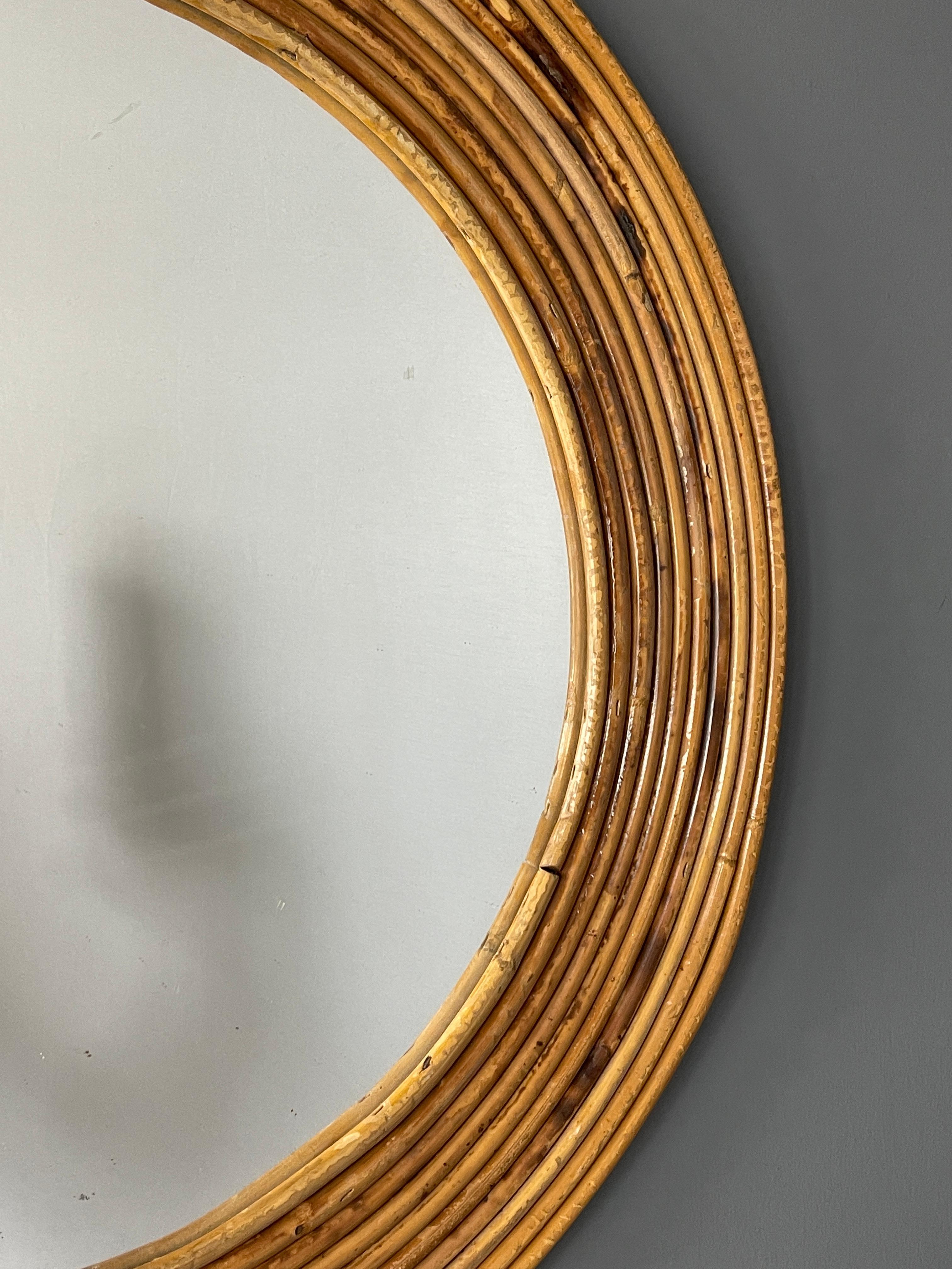 Italian Designer, Mirror, Bamboo, Rattan, Mirror Glass, Italy, 1950s In Good Condition For Sale In High Point, NC