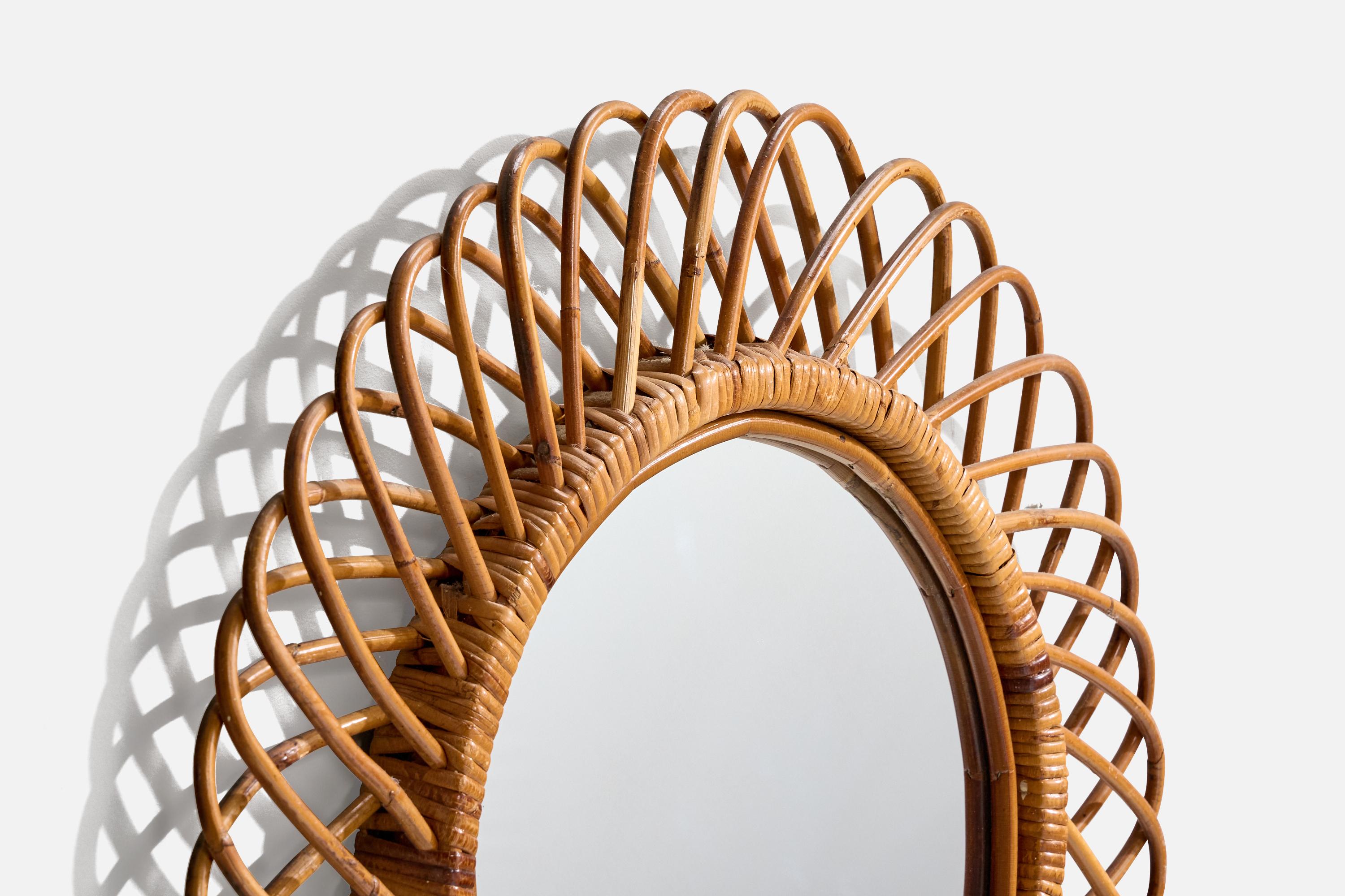 Italiano Specchio di design italiano, bambù, rattan, vetro a specchio, Italia, anni '50 in vendita